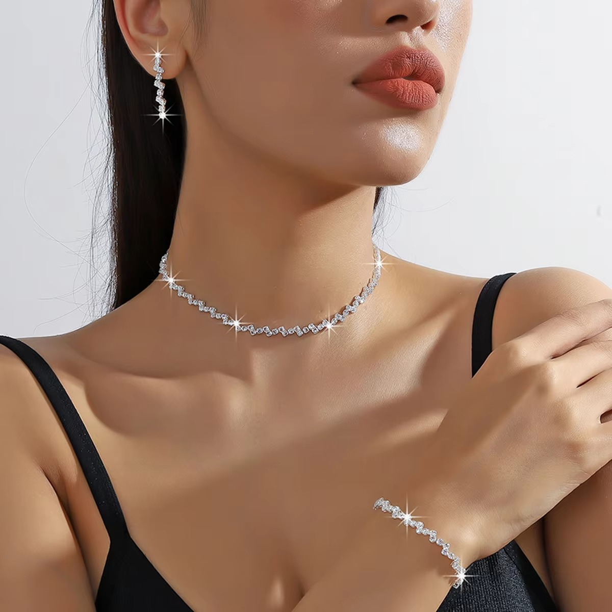 Shiny Silver Plated Collarbone Chain Necklace Bracelet Jewelry