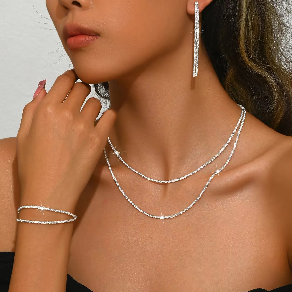 Shiny Silver Plated Collarbone Chain Necklace Bracelet Jewelry
