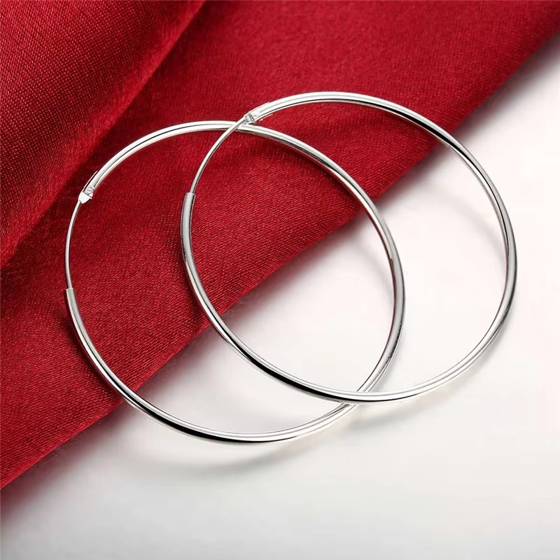 Silver Round Hoop Earrings 35mm 50mm 60mm Women Fashion Party Jewelry Gift