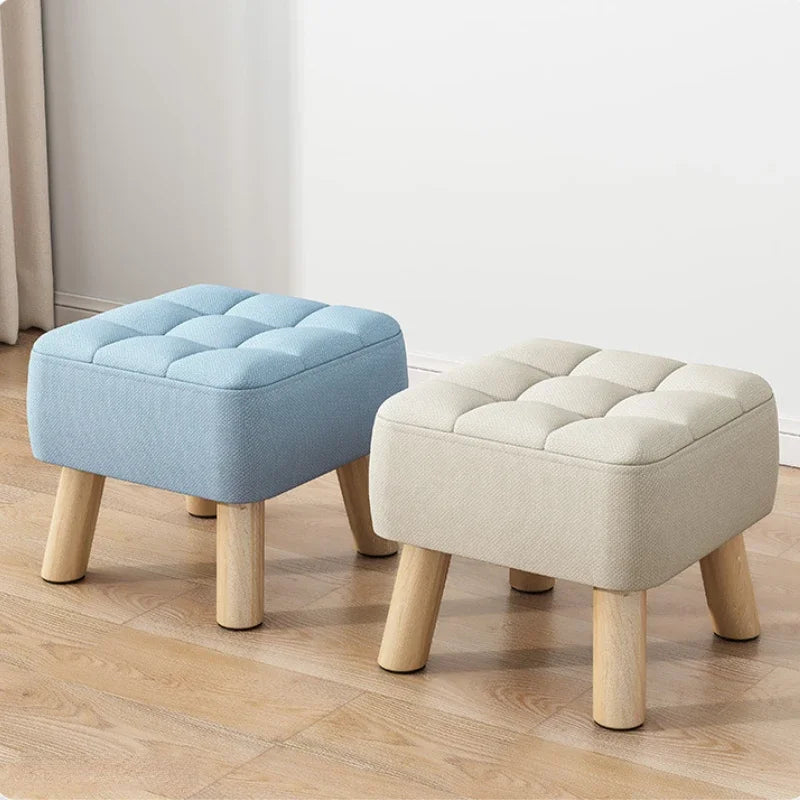 Round Foot Rest Stool Linen Fabric Padded Seat Pouf with Non-Skid