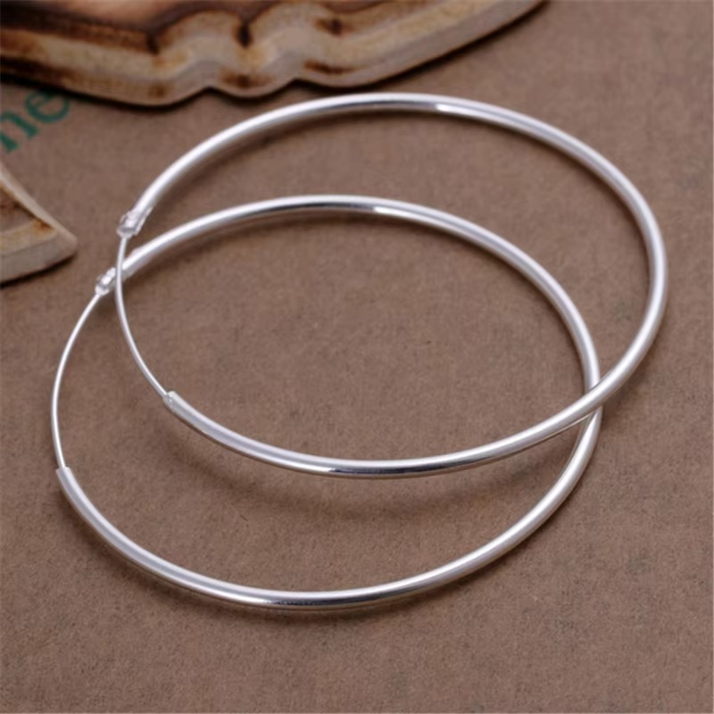 Silver Round Hoop Earrings 35mm 50mm 60mm Women Fashion Party Jewelry Gift