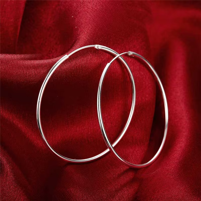 Silver Round Hoop Earrings 35mm 50mm 60mm Women Fashion Party Jewelry Gift