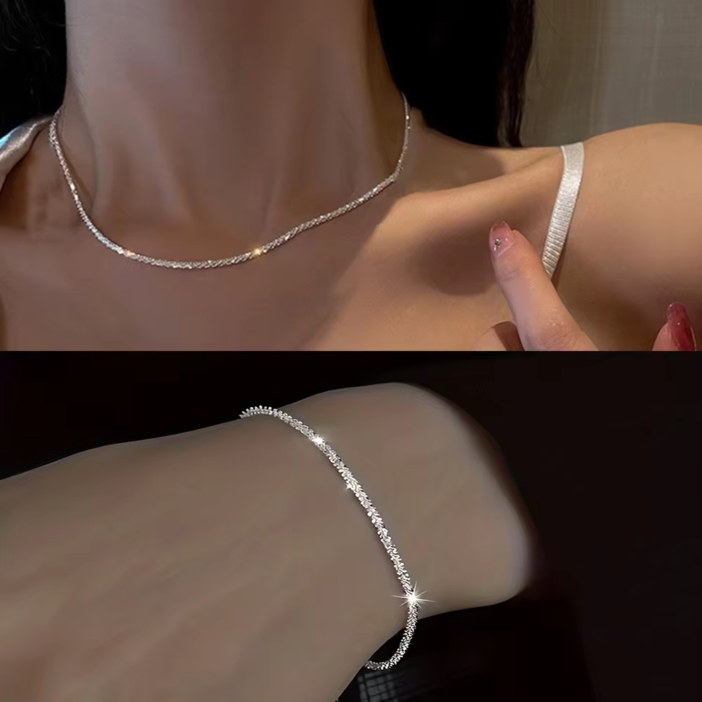 Shiny Silver Plated Collarbone Chain Necklace Bracelet Jewelry