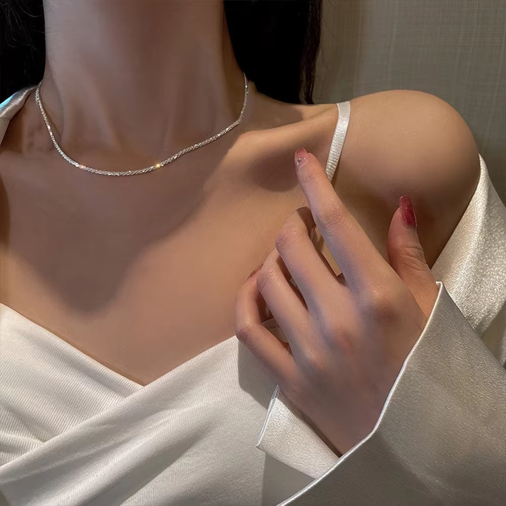 Shiny Silver Plated Collarbone Chain Necklace Bracelet Jewelry