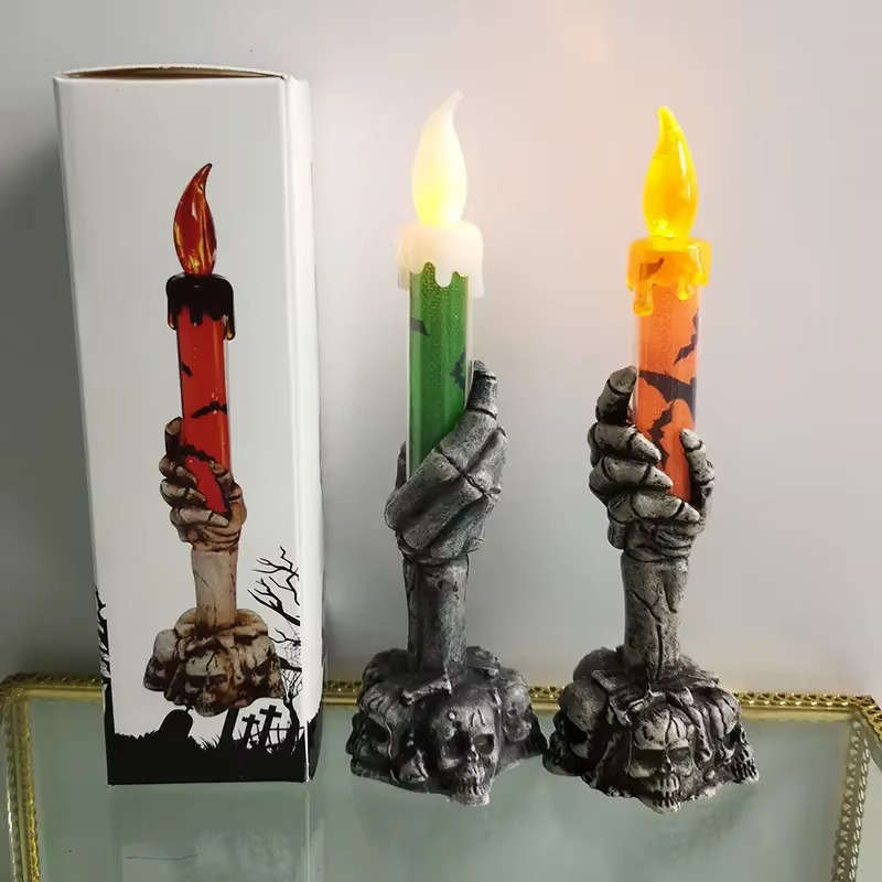 2PCS Halloween LED Candles Skeleton Ghost Hands Yellow Green Light for Party, Home & Haunted House Decor